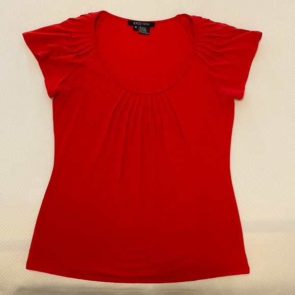Etcetera Vintage Red Scoop Neck Short Flutter Cap Sleeve T-Shirt Top Pleating M - Picture 1 of 5